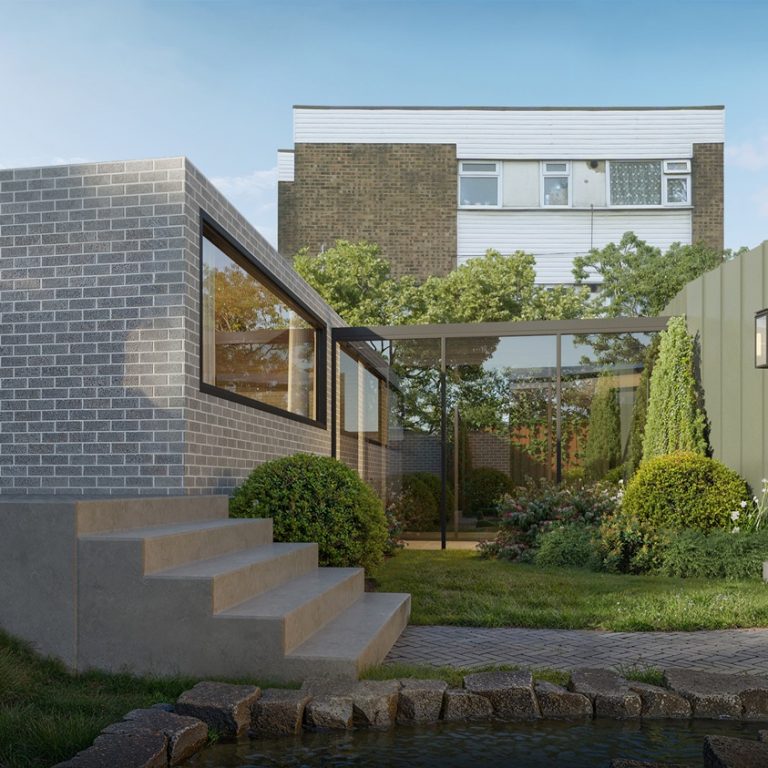 A view towards the internal courtyard of the villa with luscious landscape and the urban context in background.