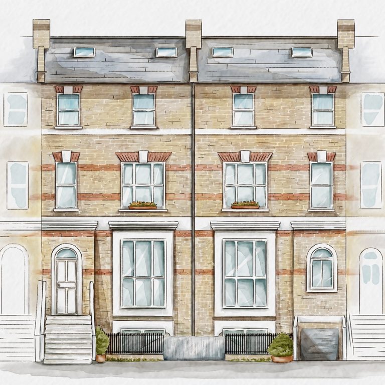 watercolour drawing of a reinstated, late-victorian inspired facade of two terraced houses.